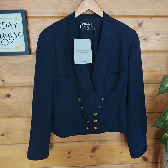CHANEL Jackets & Blazers - Vintage Chanel Boutique Double Breasted CC Logo Wool Navy 90s Size 42 Incomplete